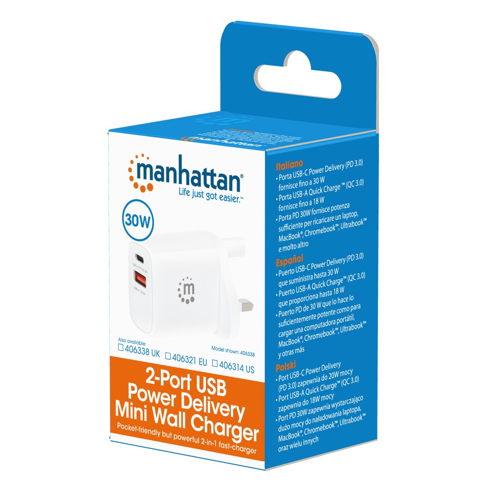 Manhattan IPW-USB-33WCWH Φορτιστής Τοίχου 30 W – USB-C PD 3.0 & USB-A, 100-240 V, Λευκός