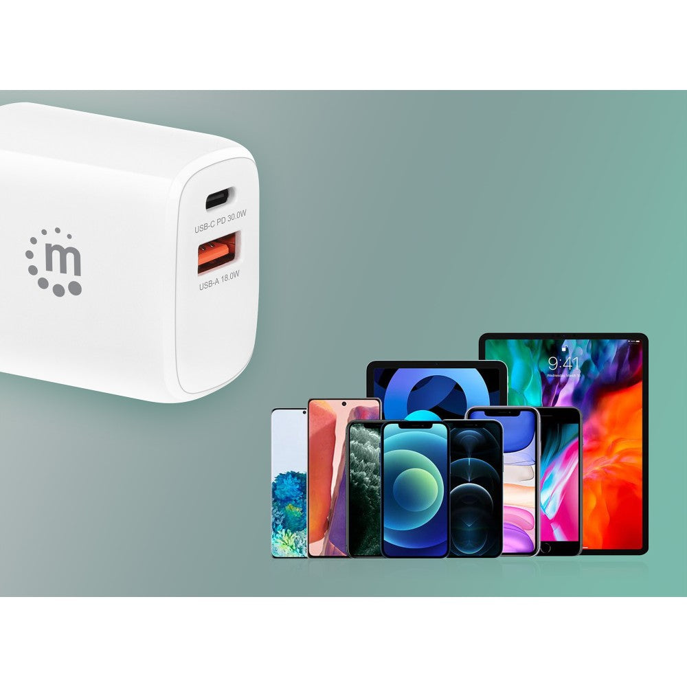 Manhattan IPW-USB-33WCWH Φορτιστής Τοίχου 30 W – USB-C PD 3.0 & USB-A, 100-240 V, Λευκός