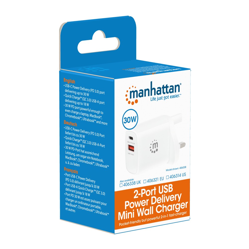 Manhattan IPW-USB-33WCWH Φορτιστής Τοίχου 30 W – USB-C PD 3.0 & USB-A, 100-240 V, Λευκός