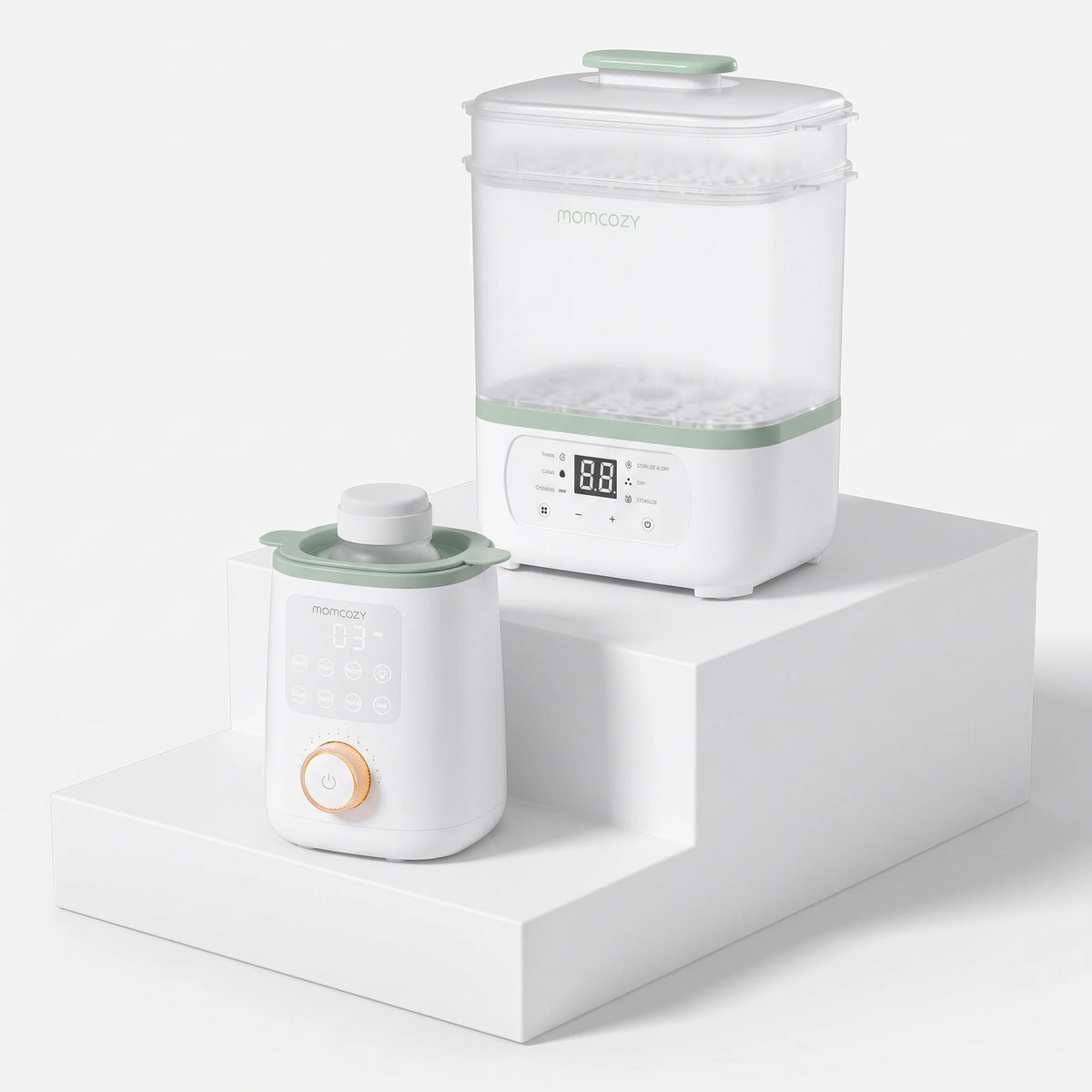 Momcozy 8-in-1 Bottle Sterilizer + Nutri Smart Bottle Warmer Bundle — Momcozy bundle on light grey background