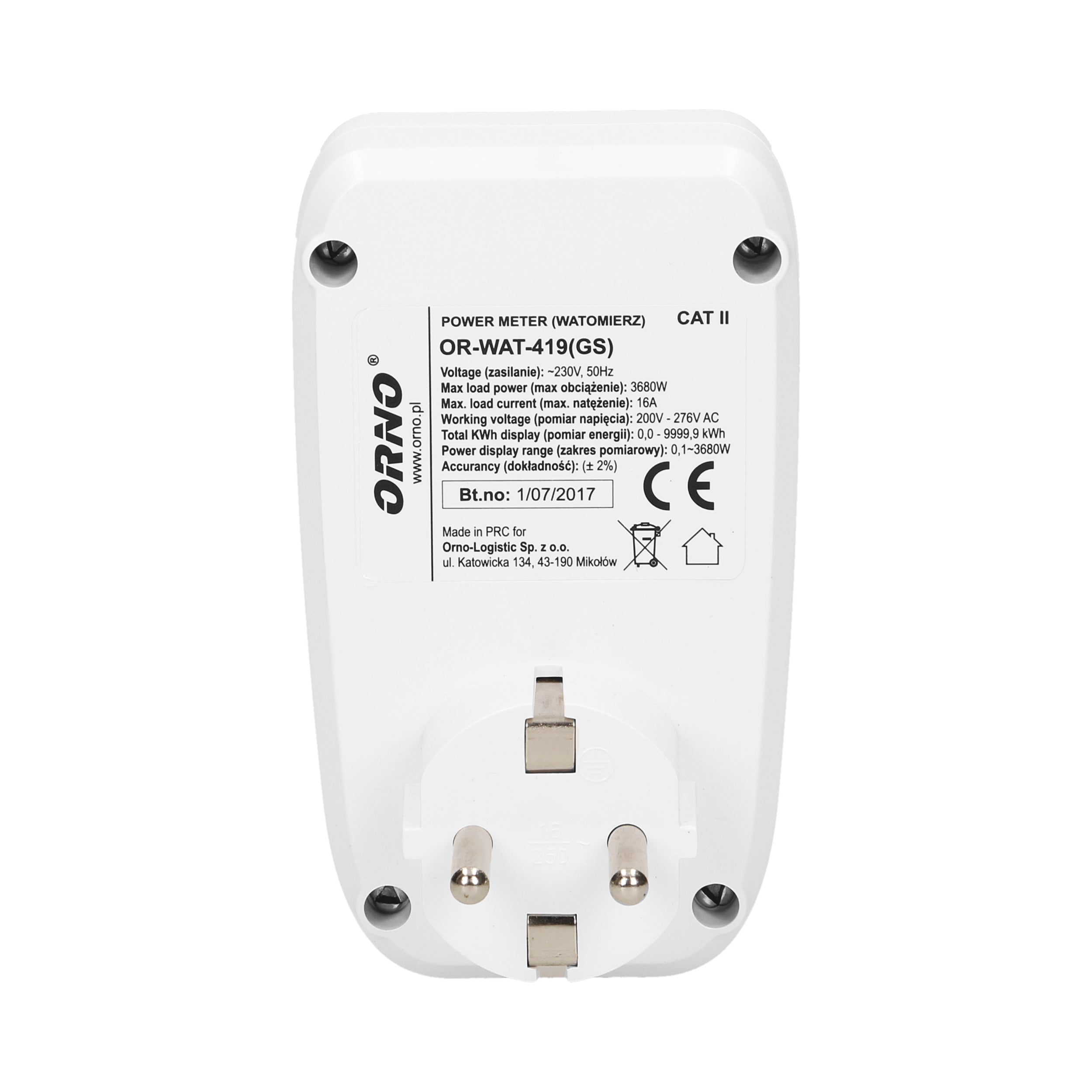 Orno OR-WAT-419 Schuko Digital Energy Meter – 16A/3680W, LCD Display & Tariff Cost