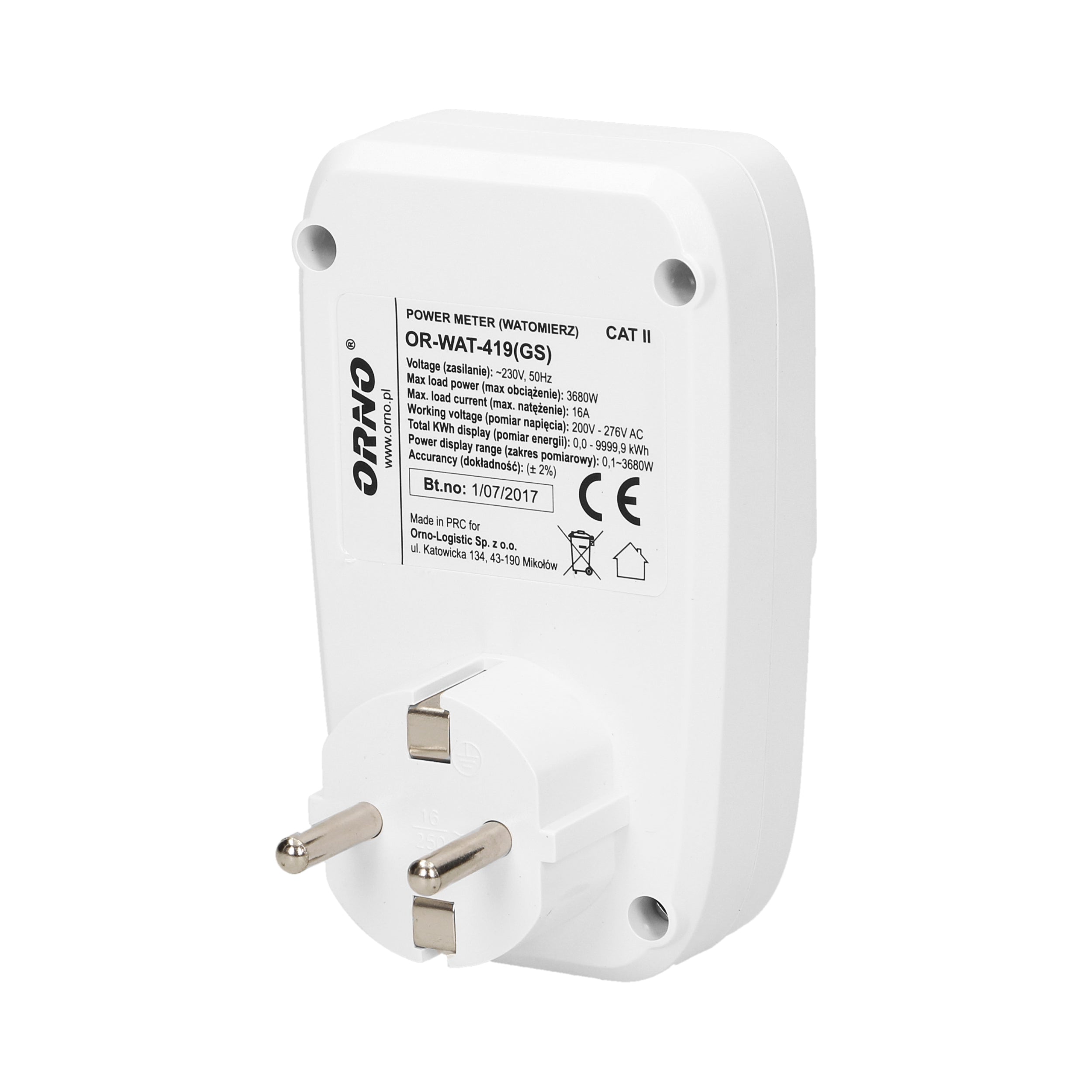 Orno OR-WAT-419 Schuko Digital Energy Meter – 16A/3680W, LCD Display & Tariff Cost