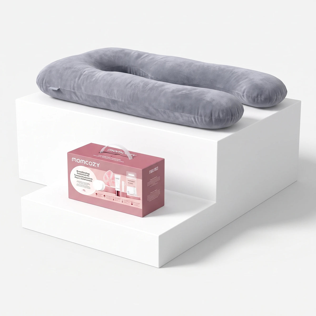 Momcozy U-Shaped Pregnancy Pillow + Breastfeeding Kit Bundle — Momcozy bundle on light grey background