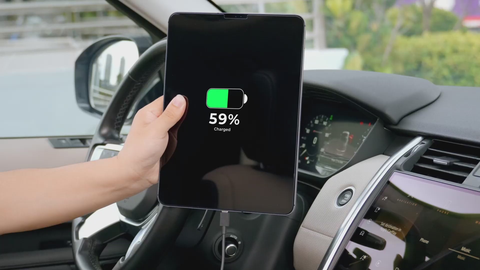Load video: LISEN 4-in-1 69W Car Charger – Built-in USB-C &amp; Lightning Cables, USB-A Port, Grey