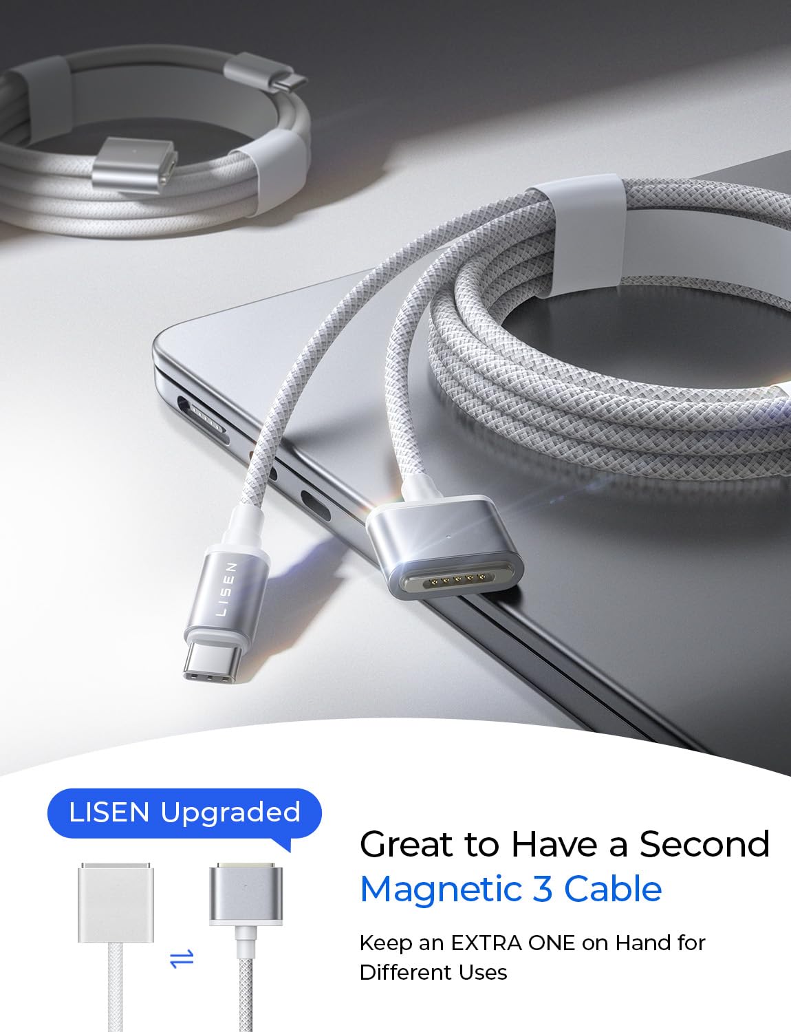 LISEN 2E332 Μαγνητικό Καλώδιο Φόρτισης USB-C 2 μ – 140 W PD, Πλεκτό Νάιλον, Γκρι