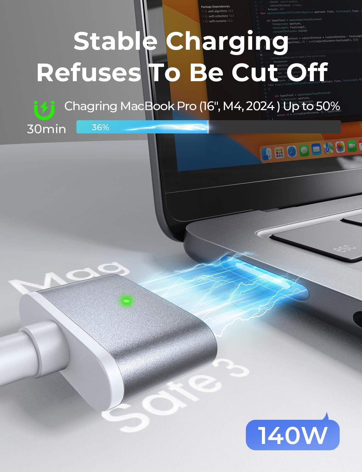 LISEN 2E332 Μαγνητικό Καλώδιο Φόρτισης USB-C 2 μ – 140 W PD, Πλεκτό Νάιλον, Γκρι