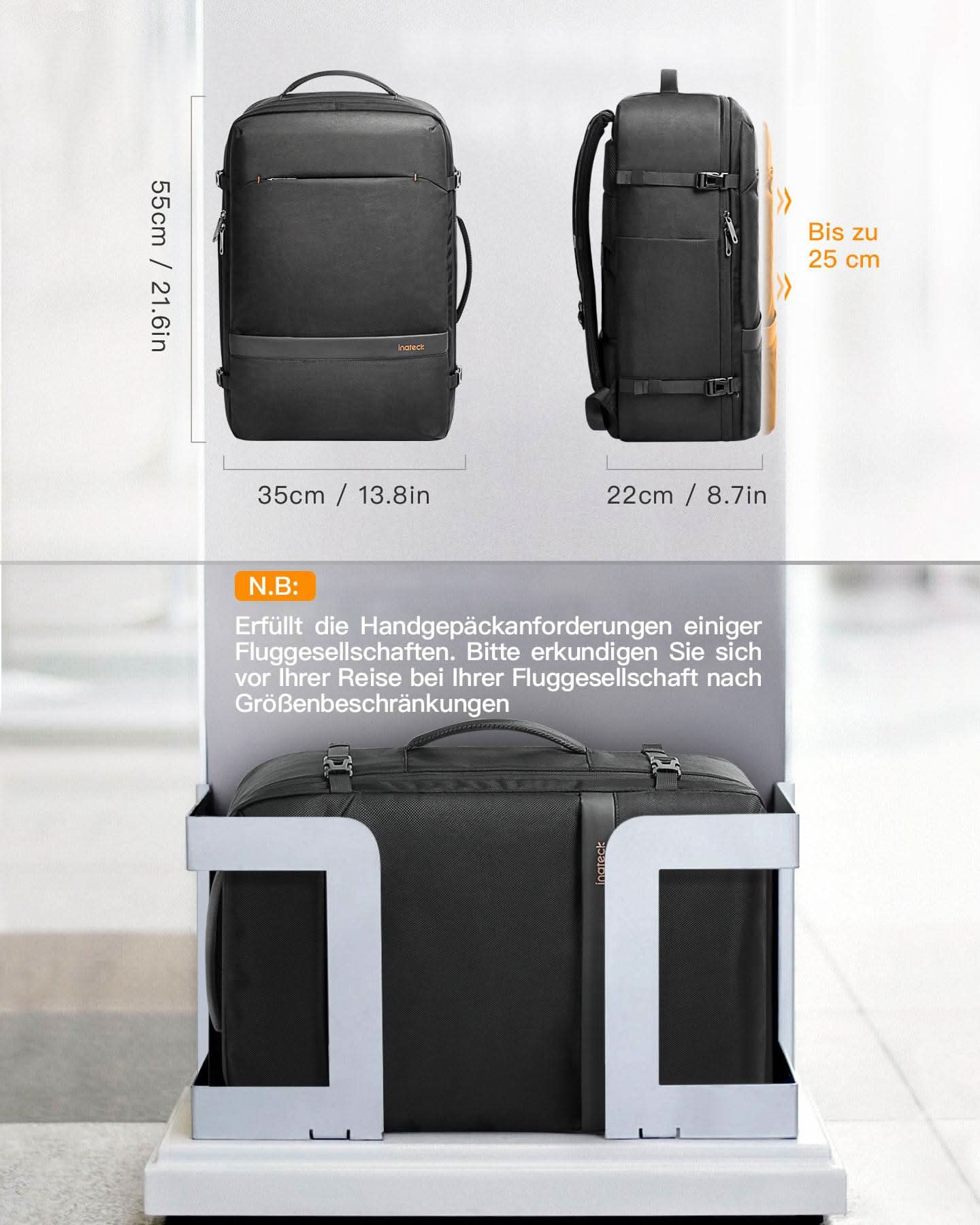 Inateck BP03005 Σακίδιο Carry-On – 20–42 L Επεκτεινόμενο, Άνοιγμα 180° & Θήκη 15,6"