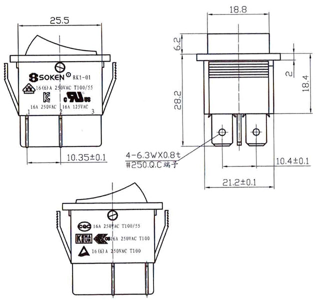 Διακόπτης Rocker Μεγάλος 6P 16 A 250 V RK1-01 SOKEN – ON-OFF-ON, Πίνακα & Επαγγελματικός
