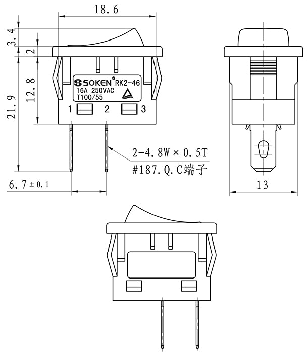 Διακόπτης Rocker Mini SOKEN RK2-46 2P 16 A 250 V – ON-OFF, Πάνελ 21×15 mm & Πιστοπ. TUV