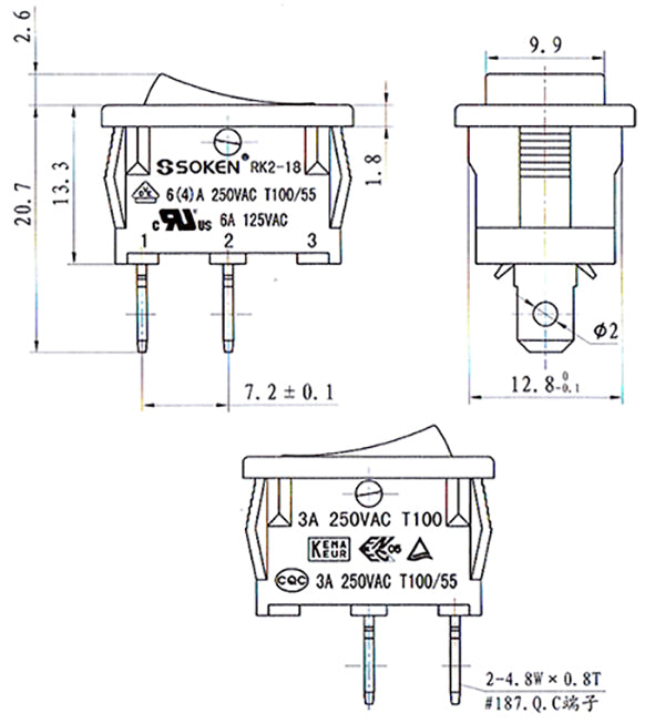 Διακόπτης Rocker Mini 2P 6 A 250 V ELK SOKEN – ON-OFF, Επίτοιχος Πίνακα & Πιστοποίηση CB