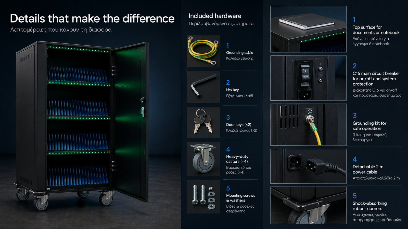 Techly I-CABINET-80DUTY product details with included hardware, grounding cable, door keys, casters and shock-absorbing corners, λεπτομέρειες προϊόντος