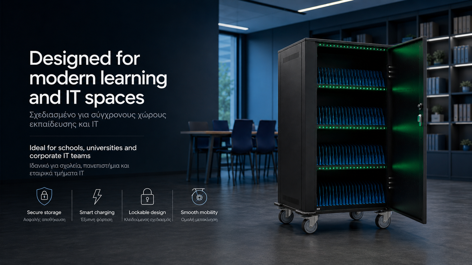80-device charging trolley designed for schools, universities and IT departments, τρόλεϊ φόρτισης για σύγχρονους χώρους εκπαίδευσης και IT