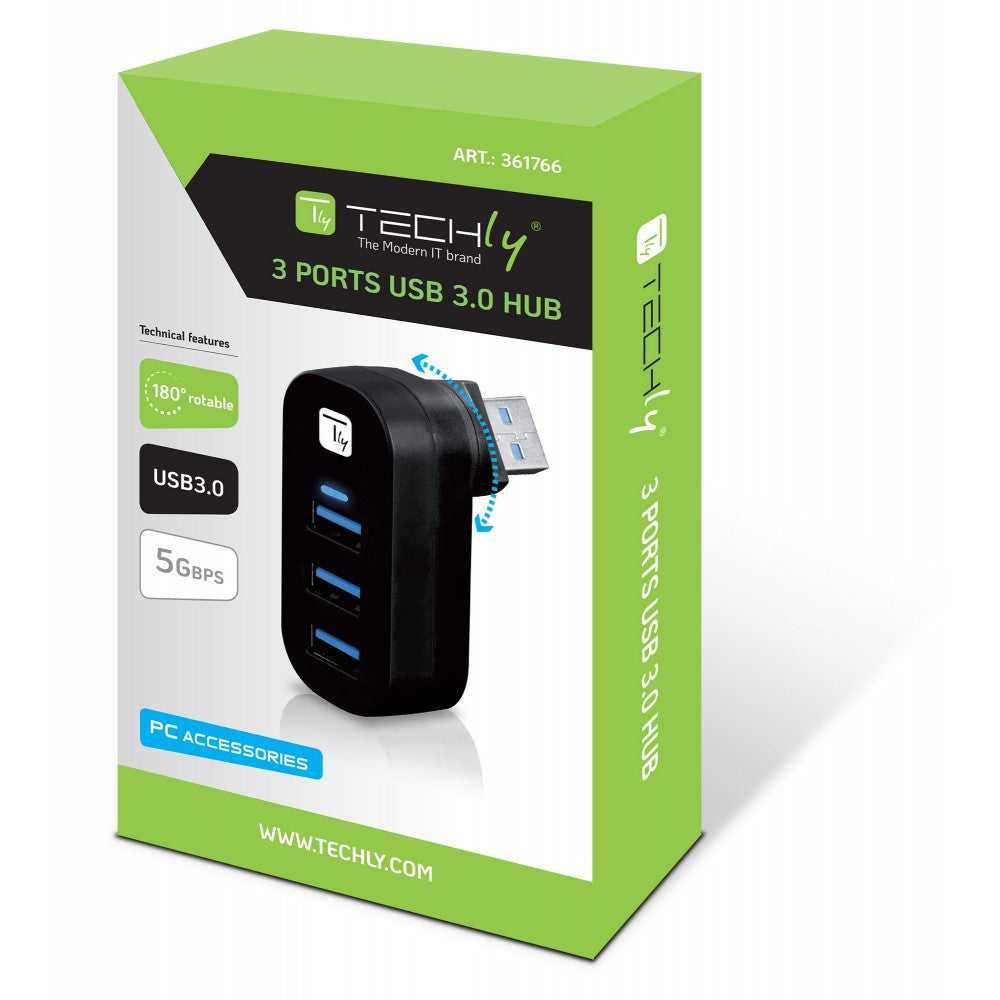 Techly IUSB3-HUB3-ROTB 3-Port USB 3.0 Mini Hub Rotating — image 2