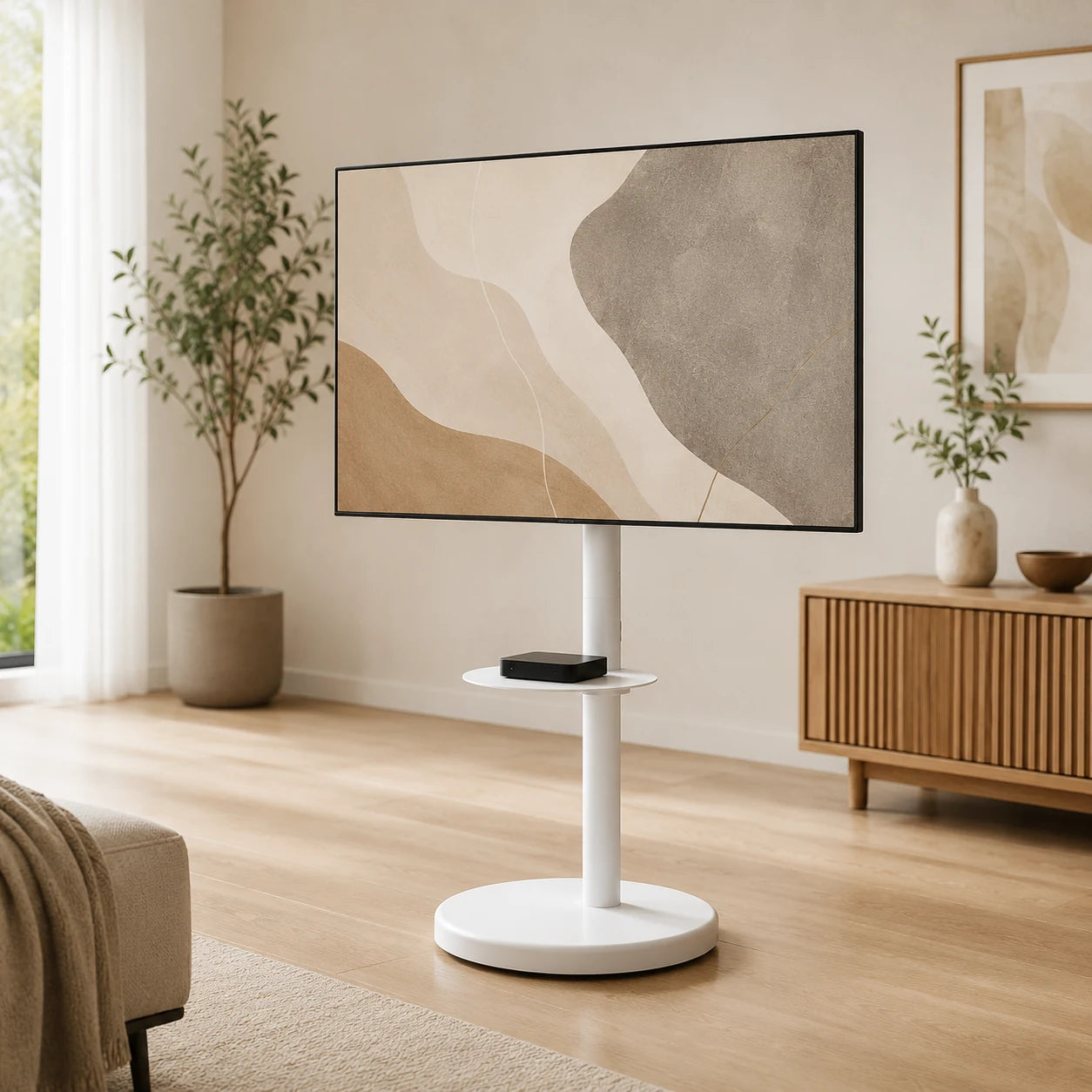 Modern white free-standing TV floor stand with AV shelf holding a large flat-screen TV in a bright living room