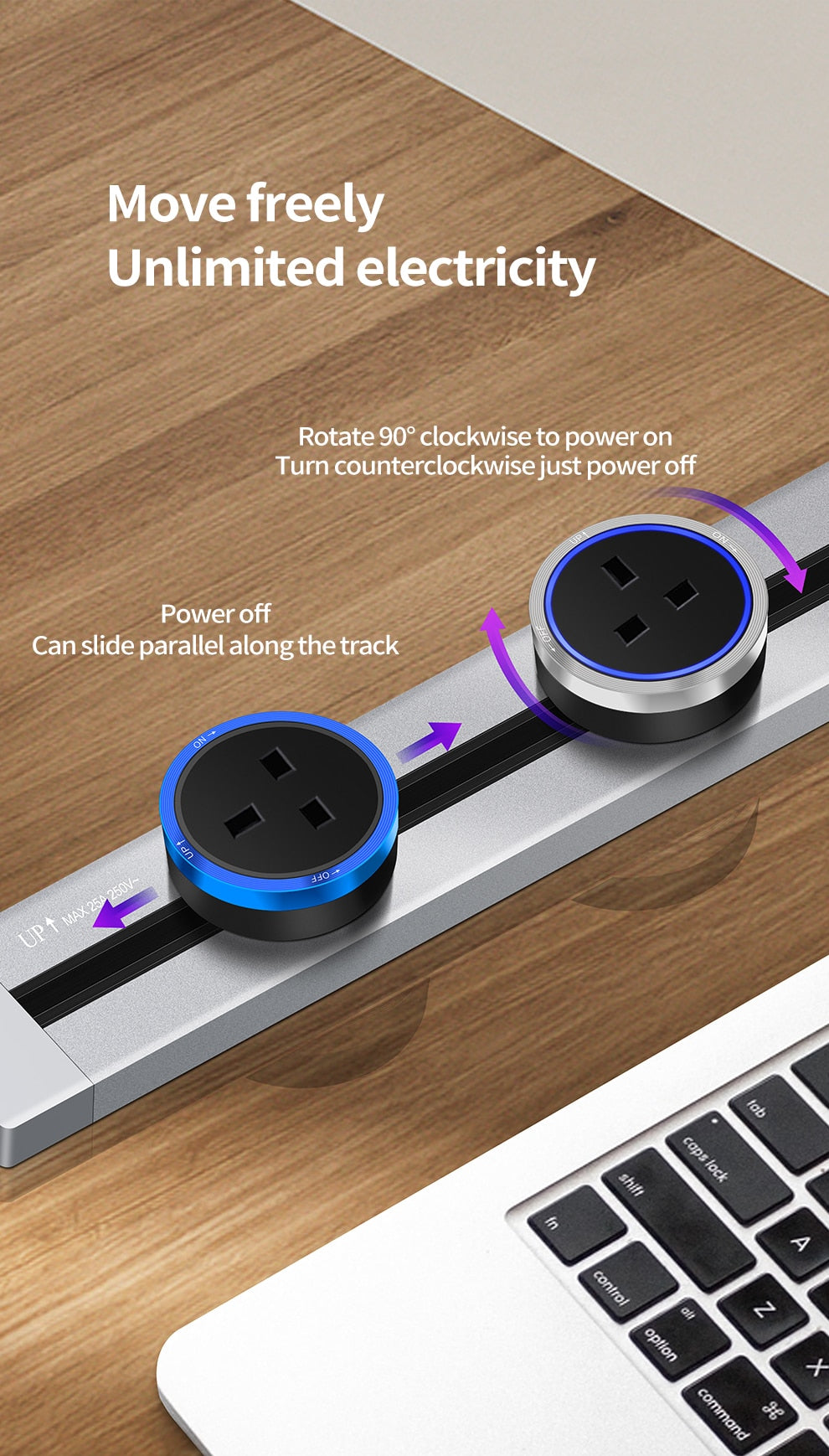 REDLED Track Socket Schuko Outlet Module Black – Blue LED, 16 A/250 V & Twist-Lock Slide